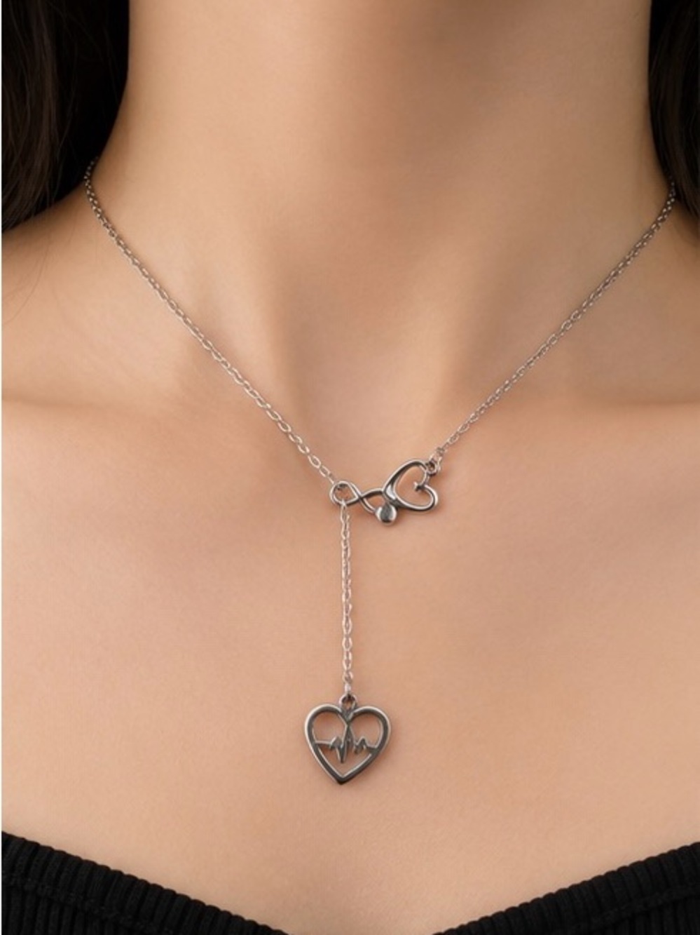 Silver Lariat Necklace with Heart and Heartbeat Charm